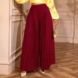 Plus Size Burgundy High-Waist Pleated Wide-Leg Casual & Party Pants