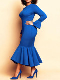 Spring/Autumn Plus Size Women’s Chic Elegant Round Neck Long Sleeve Bell-Bottom Mermaid Dress