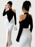 Women’s Chic Sexy Halter Neck Color-Block Ruched Long Dress