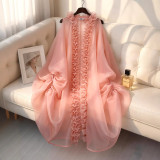 African Style Loose Pleated Ruffle Trim Wide-Leg Pants and Robe Two-Piece Set