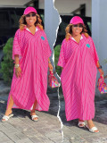 Plus Size Women’s Trendy African Style Loose Striped Turndown-Collar Maxi Dress