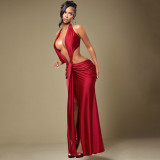 Spring Women’s Solid Color Halter Neck Sleeveless Low-Back Ribbon Maxi Dress