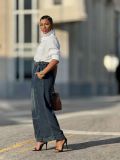 Elastic Waist Denim Pants with Panel Stitching and Slant Pockets