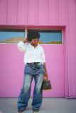 Faux Two-Piece Micro Bell-Bottom Cargo Denim Pants