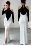 Women’s Chic Sexy Halter Neck Color-Block Ruched Long Dress