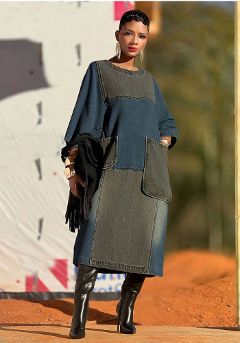 Color-Block Patchwork Irregular Pocket Loose Denim Dress