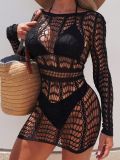 Sexy Lingerie Long Sleeve Fishnet Hollow-Out Bodycon Mini Dress