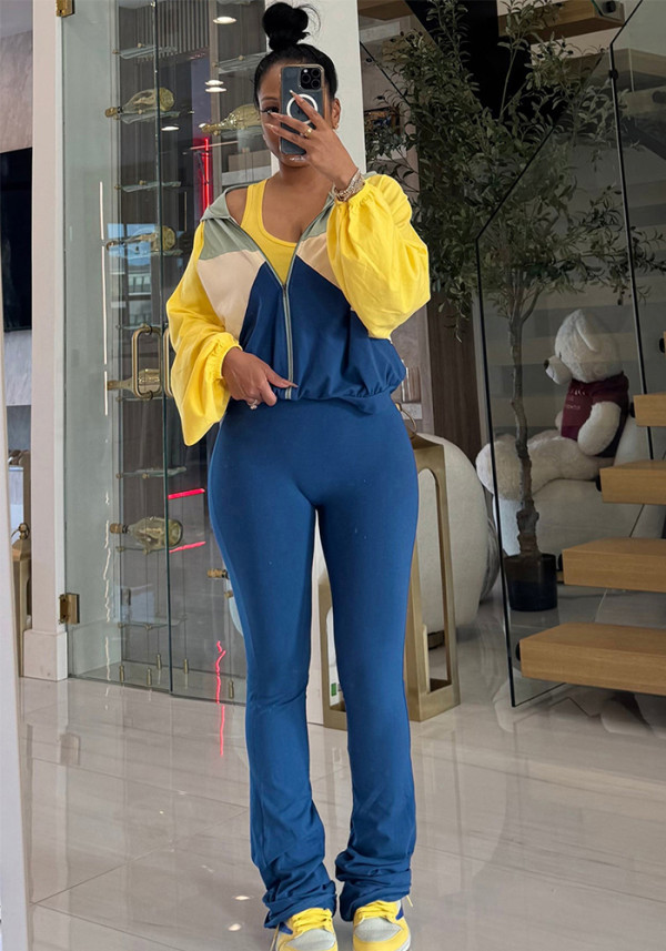 Women’s Casual Patchwork Sleeveless Vest Hooded Coat & Straight Pants Three-Piece Set