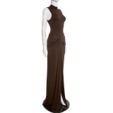 Spring Women’s Solid Color Casual Elegant Round Neck Sleeveless Ruched Maxi Dress