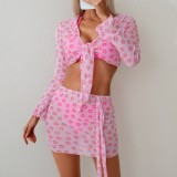 Women’s Long Sleeve Sun-Protection Mesh Skirt Set with Bikini Set