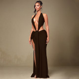 Spring Women’s Solid Color Halter Neck Sleeveless Low-Back Ribbon Maxi Dress