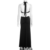 Spring Women’s Solid Color Halter Neck Sleeveless Low-Back Ribbon Maxi Dress