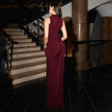 Spring Women’s Solid Color Casual Elegant Round Neck Sleeveless Ruched Maxi Dress