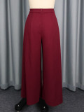 Plus Size Burgundy High-Waist Pleated Wide-Leg Casual & Party Pants