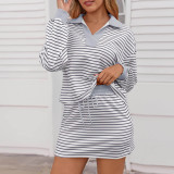 Summer Trendy Stripes Turndown Collar V-Neck Casual Two-Piece Skirt Set