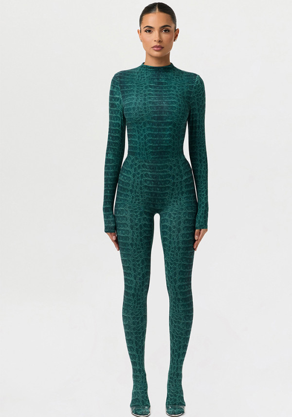 Women’s Sexy Snake Print Long Sleeve Tight-Fitting Jumpsuit