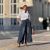 Elastic Waist Denim Pants with Panel Stitching and Slant Pockets