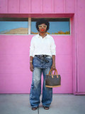 Faux Two-Piece Micro Bell-Bottom Cargo Denim Pants
