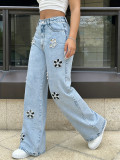 Women’s Pearl-Embellished Hollow-Out Wide-Leg Straight Denim Pants