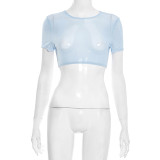 Spring Women’s Solid Color Sexy Mesh Short Sleeve Top & Cut-Out Mini Dress Set