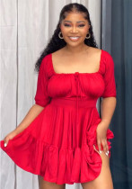 Summer Street-Style Half-Sleeve Back-Zipper U-Neck Pleated Tie-Front Dress