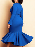 Spring/Autumn Plus Size Women’s Chic Elegant Round Neck Long Sleeve Bell-Bottom Mermaid Dress