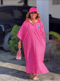 Plus Size Women’s Trendy African Style Loose Striped Turndown-Collar Maxi Dress