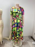 Plus Size Printed Round Neck Short Sleeve Slim-Waist Loose Maxi Dress
