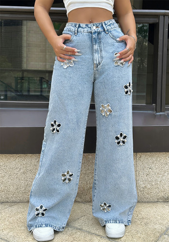 Women’s Pearl-Embellished Hollow-Out Wide-Leg Straight Denim Pants