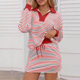 Summer Trendy Stripes Turndown Collar V-Neck Casual Two-Piece Skirt Set