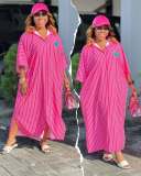 Plus Size Women’s Trendy African Style Loose Striped Turndown-Collar Maxi Dress