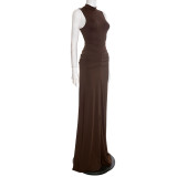 Spring Women’s Solid Color Casual Elegant Round Neck Sleeveless Ruched Maxi Dress