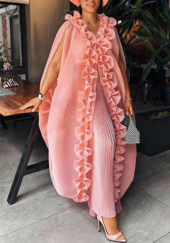 African Style Loose Pleated Ruffle Trim Wide-Leg Pants and Robe Two-Piece Set