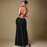 Spring Women’s Solid Color Halter Neck Sleeveless Low-Back Ribbon Maxi Dress