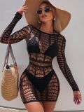 Sexy Lingerie Long Sleeve Fishnet Hollow-Out Bodycon Mini Dress