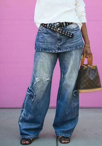 Faux Two-Piece Micro Bell-Bottom Cargo Denim Pants