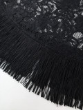 Plus Size Women Black Tassel Lace Cape Suspender Formal Party Dress