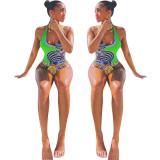 Women Sexy Halter Neck Printed One-Piece Swimsuit