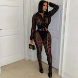 Women Printed Mesh See-Through Shirt and Pants Two-Piece Set