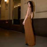 Women Spring Halter Neck Strappy Lace Sequin Sexy Backless Slit Dresses