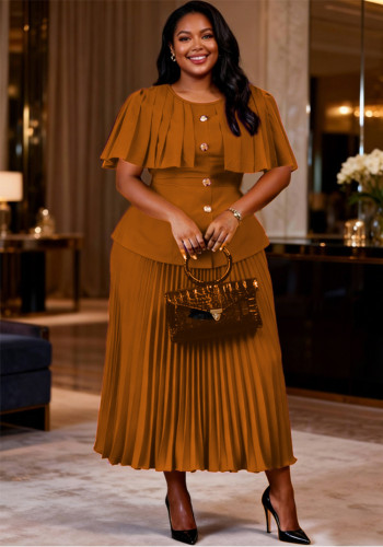 Plus Size Women Short-Sleeved Round Neck Shawl Top Women Pleated Skirt Two-Piece Set