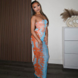 Women spring/summer printed mesh see-through strawless dress