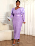 Plus Size Women Light Purple Jacquard Puff Sleeve Formal Party Elegant Maxi Dress