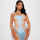 Women spring/summer printed mesh see-through strawless dress