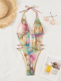Women Summer Holidays Sexy Printed V-Neck Backless Bikini Swimsuit Two-Piece Set
