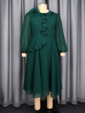 Plus Size Women Long-Sleeved Ruffled Formal Party Elegant Chiffon Dress