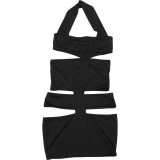 Women Summer Sexy Hollow Out Patchwork Solid Halter Neck Dress