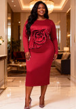 Plus Size Women Floral Pearl Rose Long-Sleeved Elegant Bodycon Dress