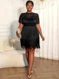 Plus Size Women Black Tassel Lace Cape Suspender Formal Party Dress