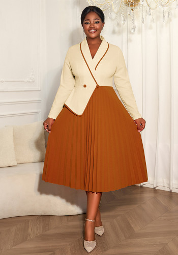 Plus size Women color-blocked long-sleeved turndown pleated office dress